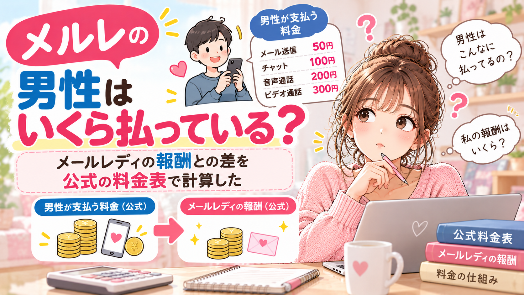 メルレの男性はいくら払っている？メールレディの報酬との差を公式の料金表で計算した