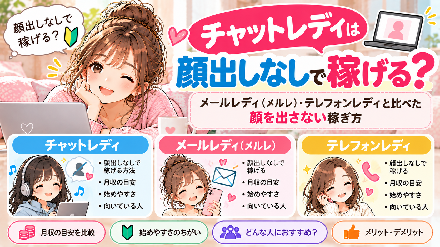 チャットレディは顔出しなしで稼げる？メールレディ（メルレ）・テレフォンレディと比べた顔を出さない稼ぎ方