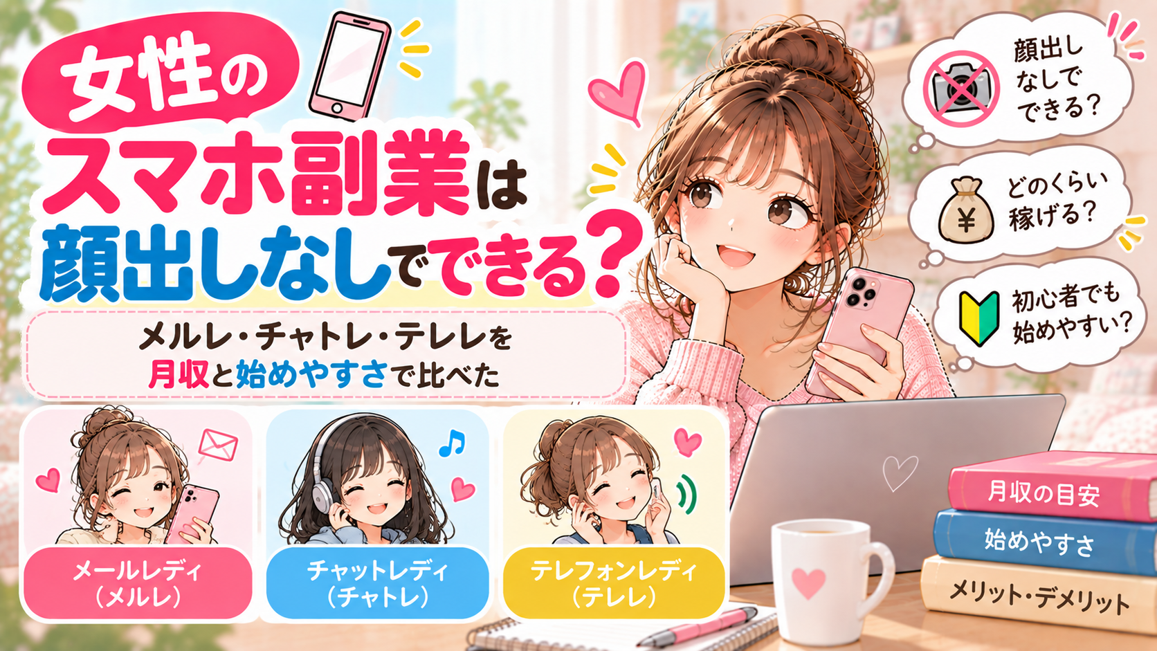 女性のスマホ副業は顔出しなしでできる？メルレ・チャトレ・テレレを月収と始めやすさで比べた
