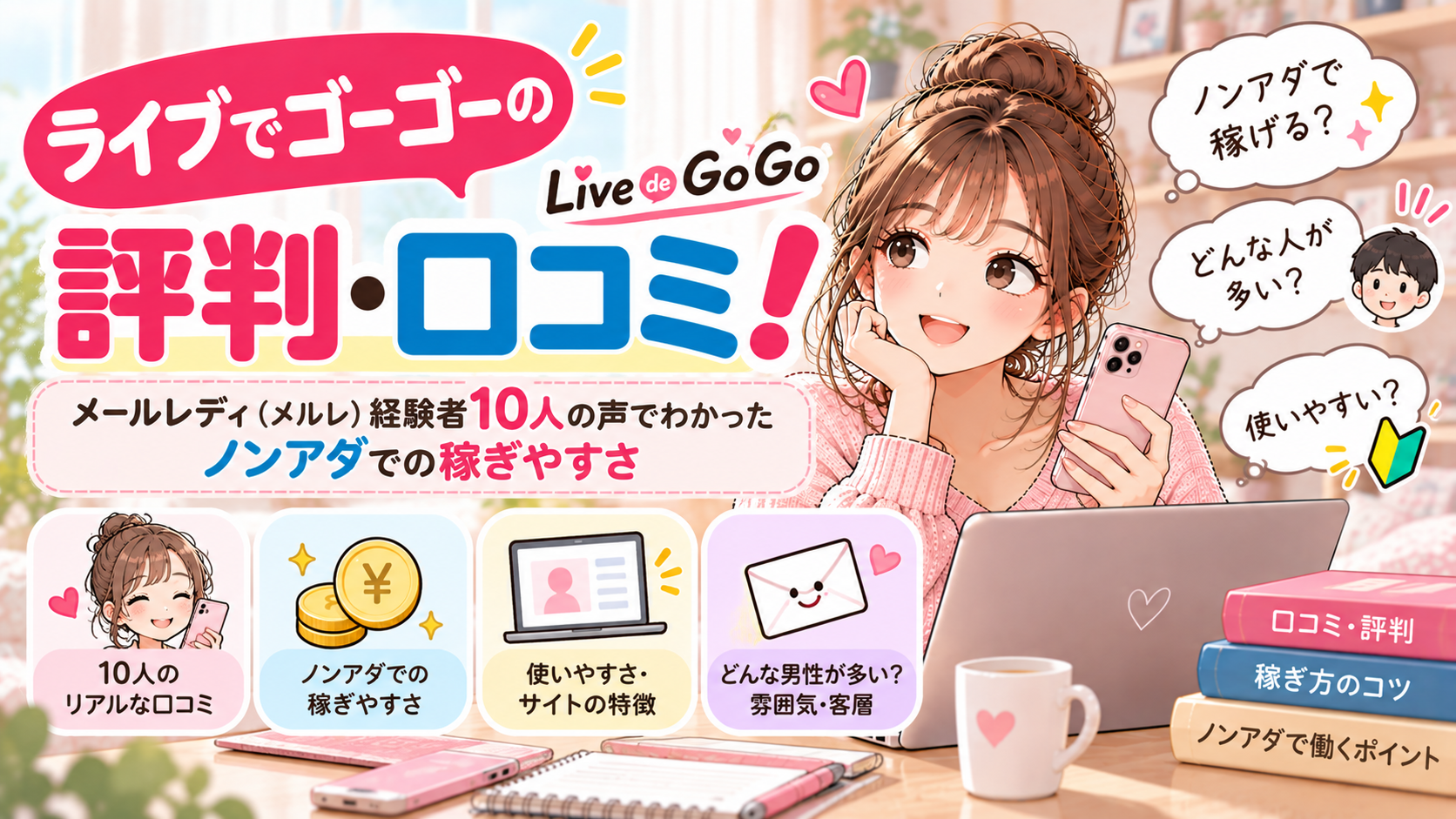 ライブでゴーゴーの評判・口コミ！メールレディ（メルレ）経験者10人の声でわかったノンアダでの稼ぎやすさ