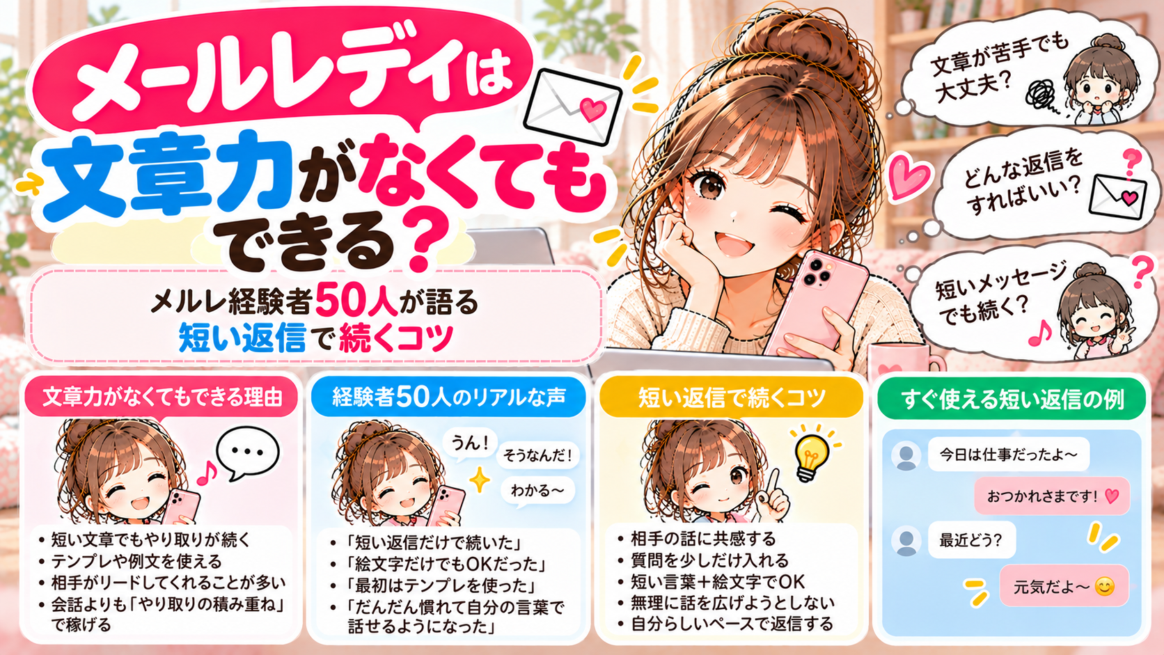 メールレディは文章力がなくてもできる？メルレ経験者50人が語る短い返信で続くコツ
