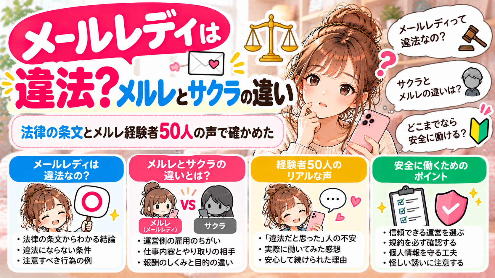 メールレディは違法？メルレとサクラの違いを法律の条文と経験者50人の声で確かめた