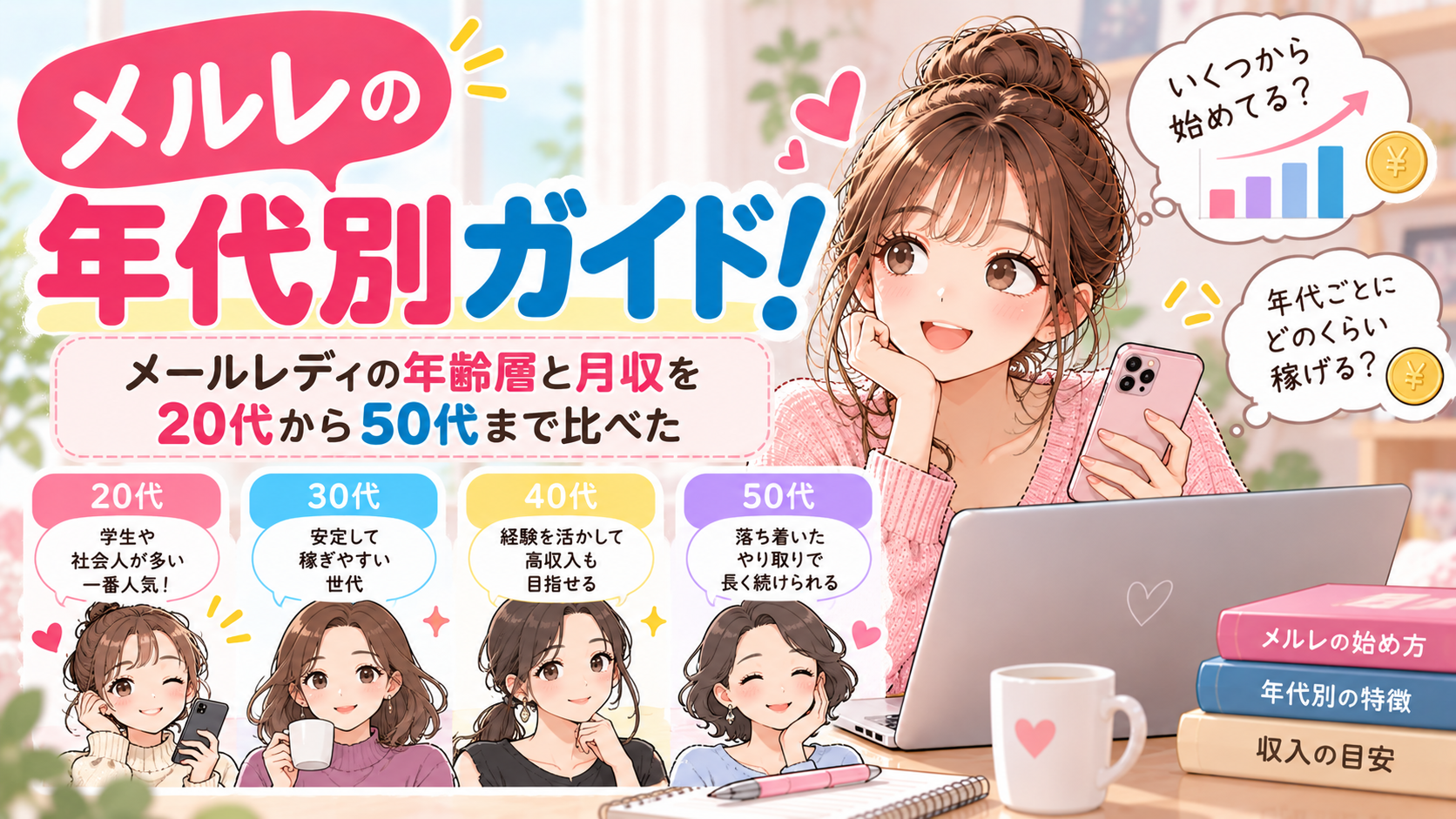 メルレの年代別ガイド！メールレディの年齢層と月収を20代から50代まで比べた