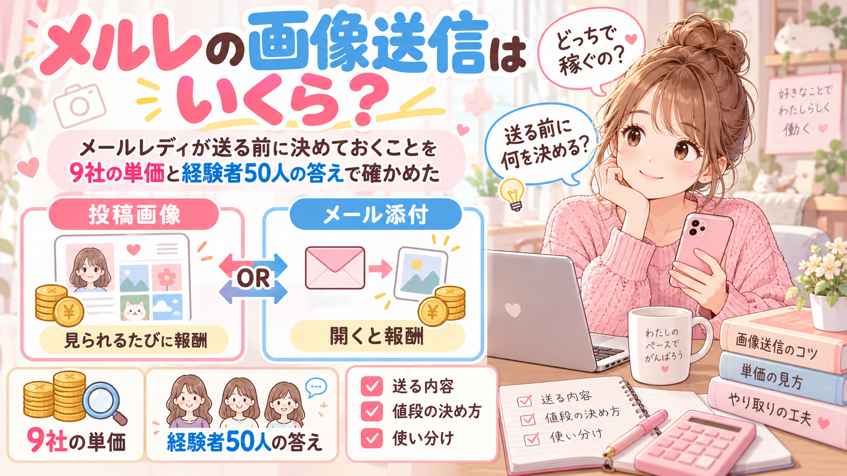 メルレの有料画像はいくら？メールレディが送る前に決めておくことを9社の単価と経験者50人の答えで確かめた