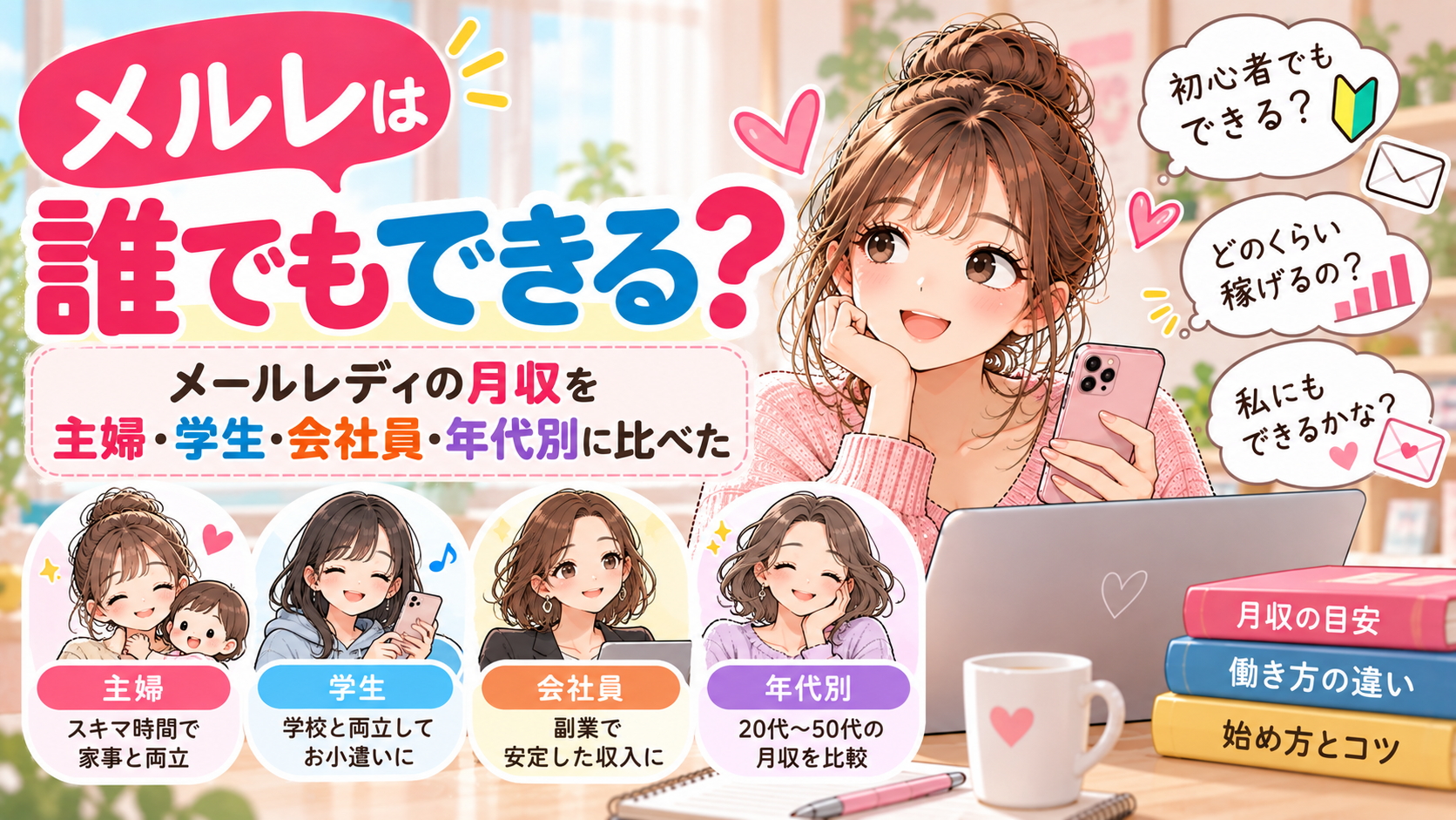 メルレは誰でもできる？メールレディの月収を主婦・学生・会社員・年代別に比べた