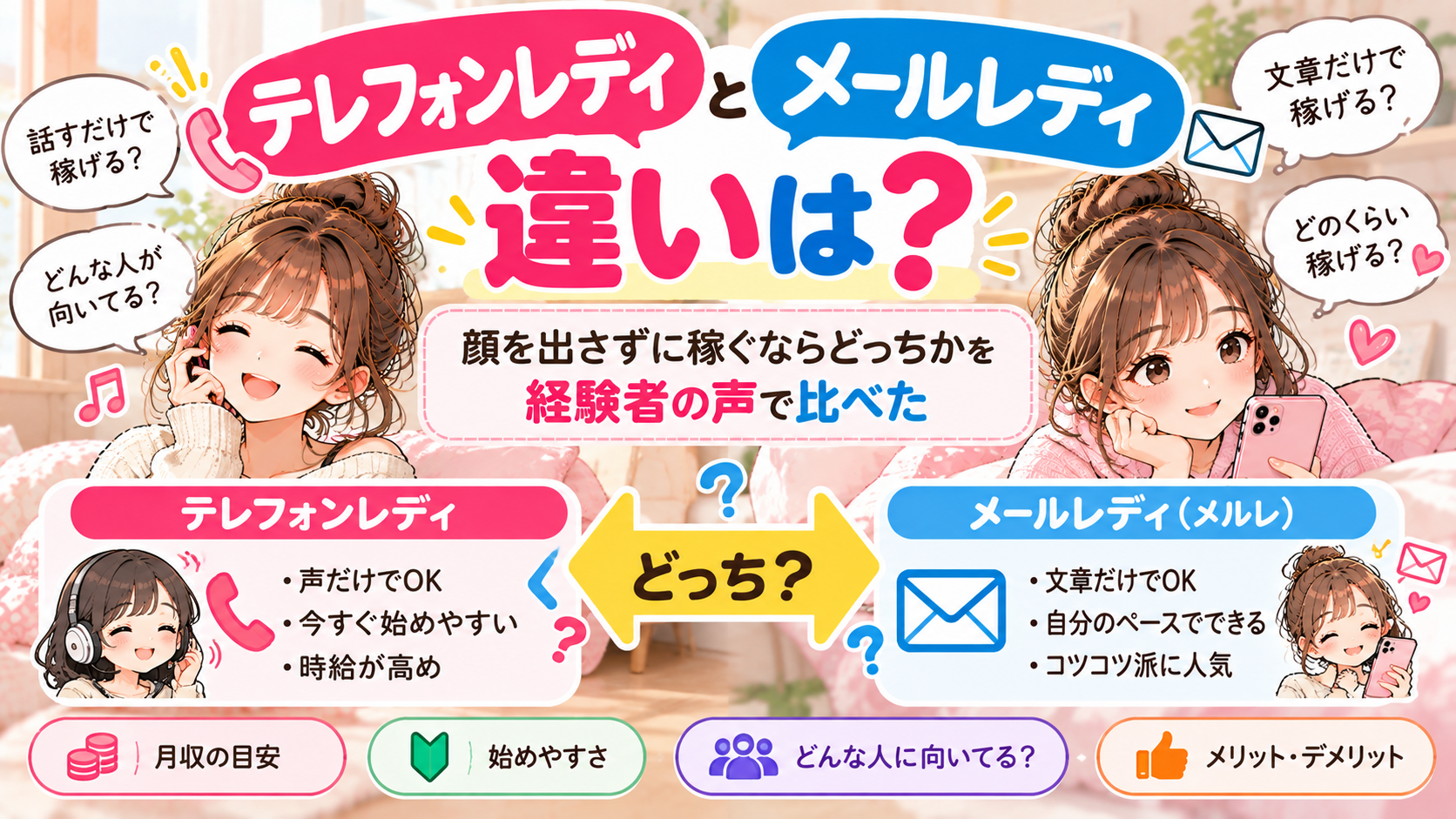 テレフォンレディとメールレディ（メルレ）の違いは？顔を出さずに稼ぐならどっちかを経験者の声で比べた